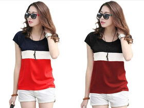 MARVENT Womens Red, Maroon Round Neck T-Shirt (Pack of 2)