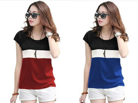 MARVENT Womens Maroon, Blue Round Neck T-Shirt (Pack of 2)