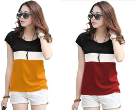 MARVENT Womens Mustard, Maroon Round Neck T-Shirt (Pack of 2)