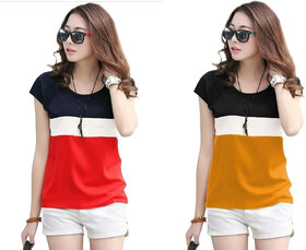 MARVENT Womens Red, Mustard Round Neck T-Shirt (Pack of 2)