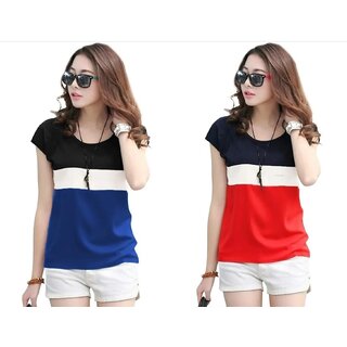 MARVENT Womens Blue, Red Round Neck T-Shirt (Pack of 2)