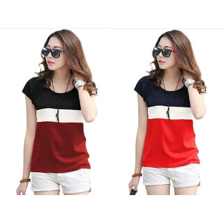 MARVENT Womens Maroon, Red Round Neck T-Shirt (Pack of 2)