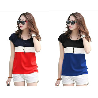 MARVENT Womens Red, Blue Round Neck T-Shirt (Pack of 2)