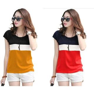 MARVENT Womens Mustard, Red Round Neck T-Shirt (Pack of 2)