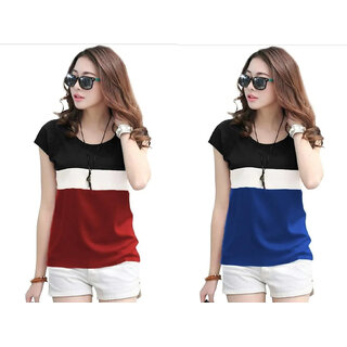 MARVENT Womens Maroon, Blue Round Neck T-Shirt (Pack of 2)