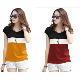 MARVENT Womens Mustard, Maroon Round Neck T-Shirt (Pack of 2)