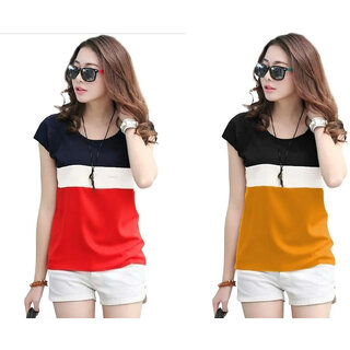 MARVENT Womens Red, Mustard Round Neck T-Shirt (Pack of 2)