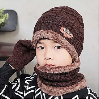 Eastern Club Woolen Winter Cap With Neck Scarf For Boys And Girls/Kids Winter Cap (Age 8-15 Years) For Boys & Girls (Brown)