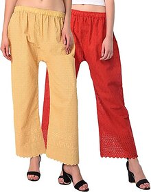Pack of 2 Women Relaxed Brown, Red Cotton Blend Trousers
