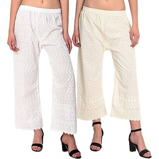Pack of 2 Women Relaxed Cream, White Cotton Blend Trousers