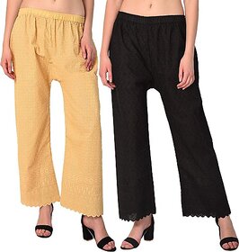 Pack of 2 Women Relaxed Brown, Black Cotton Blend Trousers