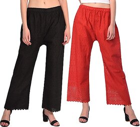 Pack of 2 Women Relaxed Black, Red Cotton Blend Trousers