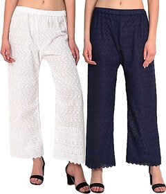 Pack of 2 Women Relaxed White, Dark Blue Cotton Blend Trousers