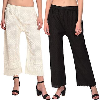 Pack of 2 Women Relaxed Cream, Black Cotton Blend Trousers