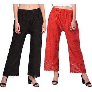 Pack of 2 Women Relaxed Black, Red Cotton Blend Trousers