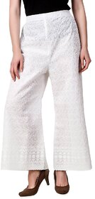 TNQ Women Plus Size White Chikan Full Embroidered Cotton Palazzo