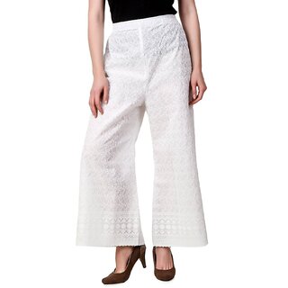 TNQ Women Plus Size White Chikan Full Embroidered Cotton Palazzo