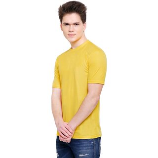 The Mini Needle Mens Yellow Solid Cotton Blend Round Neck T-Shirt