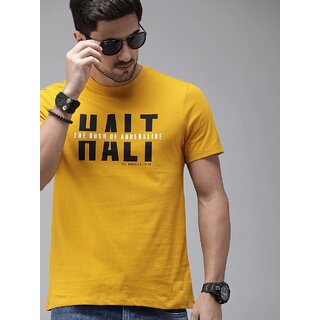 The Mini Needle Mens Mustard Printed Cotton Blend Round Neck T-Shirt
