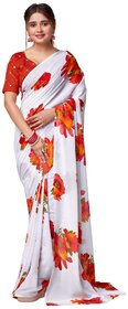 SVB Sarees Womens White And Red Colour Floral Printed Georgette Saree