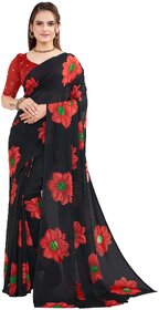 SVB Sarees Womens Black And Red Colour Floral Printed Georgette Saree