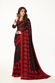SVB Sarees Womens Black And Red Pure Georgette Printed Saree With Blouse Piece