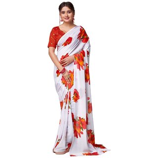 SVB Sarees Womens White And Red Colour Floral Printed Georgette Saree