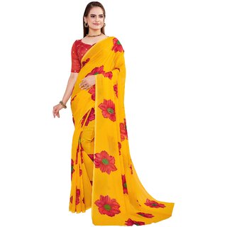 SVB Sarees Womens Yellow And Red Colour Floral Printed Saree With Blouse Piece