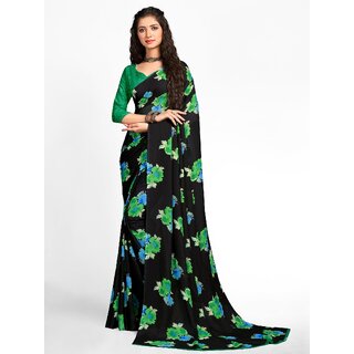 SVB Sarees Womens Black Colour Floral Georgette Printed Saree With Blouse