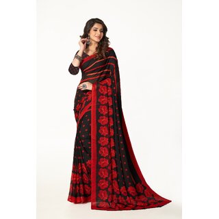 SVB Sarees Womens Black And Red Pure Georgette Printed Saree With Blouse Piece