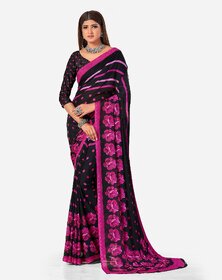 SVB Sarees Womens Black And Pink Pure Georgette Printed Saree With Blouse Piece