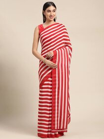 SVB Sarees Womens Red Colour Stripped Pure Georgette Printed Saree With Blouse Piece