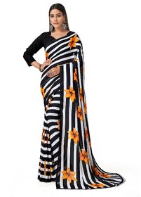SVB Sarees Womens Black Colour Stripped Pure Georgette Flower Printed Saree With Blouse Piece