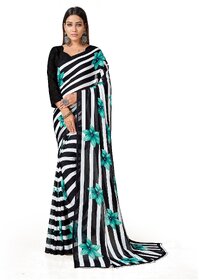 SVB Sarees Womens Black Colour Stripped Pure Georgette Flower Printed Saree With Blouse Piece