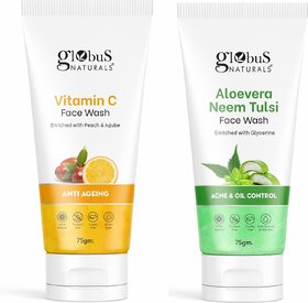 GLOBUS NATURALS Brightening  Hydrate Skin Vitamin C  Aloevera Face Wash 150gm, Set of 2