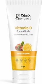 Globus Naturals Anti-Ageing Skin Brightening Vitamin C Face Wash, Enriched with Peach & Jujube, Skin Illuminating & Tan Removal Formula, For All Skin Types, Both Men & Women (75 g)