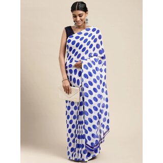 SVB Sarees Womens White And Blue Colour Polka Dot Printed Saree With Blouse Piece