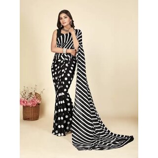SVB Sarees Womens Black Colour Polka Dot Printed Saree With Blouse Piece