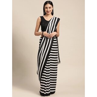 SVB Sarees Womens Black Colour Stripped Pure Georgette Printed Saree With Blouse Piece