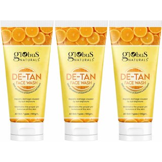 Globus Naturals De Tan Face Wash, Enriched with Neem & Aloe Vera, Tan Removal, Anti Pollution & Oil Control Formula, Chemical Free, Cruelty Free, Suitable For All Skin Types, 100 ml, Set of 3