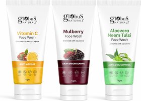 (Pack of 3) GLOBUS NATURALS AntiAgeing Oil Control Aloevera Mulberry Vitamin C Face wash 75gm