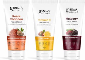 GLOBUS NATURALS Skin Lightening  AntiAgeing Mulberry Kesar Chandan  Vitamin C Face wash 75gm Set of 3