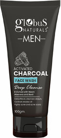 Globus Naturals Anti Pollution & Anti Acne Charcoal Face Wash, Detoxifying Cleanser, Fights Pollution and De-Tans skin, For Men with Oily & Acne Prone Skin, 100 gms