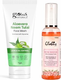 Globus Naturals Anti Acne  Anti Ageing Aloevera Face Wash 75gm With Rose Water Toner 100ml