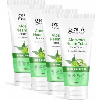 Globus Naturals Aloe vera Neem Tulsi Enriched With Glycerin & Oil Control Formula Men & Women All Skin Types Face Wash 75gm, Set of 5
