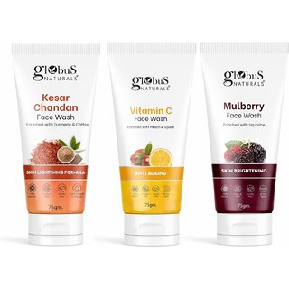 GLOBUS NATURALS Skin Lightening  AntiAgeing Mulberry Kesar Chandan  Vitamin C Face wash 75gm Set of 3