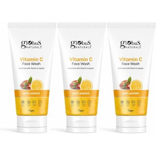 Globus Naturals Anti-Ageing Skin Brightening Vitamin C Face Wash, Enriched with Peach & Jujube, Skin Illuminating & Tan Removal Formula, For All Skin Types, Both Men & Women (75 g) Set of 3