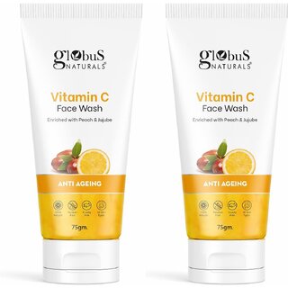 Globus Naturals Anti-Ageing Skin Brightening Vitamin C Face Wash, Enriched with Peach & Jujube, Skin Illuminating & Tan Removal Formula, For All Skin Types, Both Men & Women (75 g) Set of 2