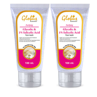 Globus Remedies Anti Acne Glycolic & 1% Salicylic Acid Face wash, For Oily & Acne Prone Skin, 100 ml, Set of 2