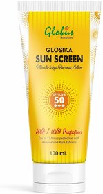 Globus Remedies Glosika Sunscreen Lotion, SPF 50 PA+++ Up to 12 hrs Protection with Almond & Rice Extract, Suitable For All Skin Types, 100 gm